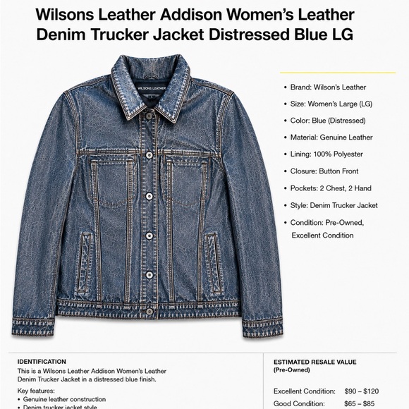 Wilsons Leather Jackets & Blazers - 🆕 Wilsons Leather Addison Women’s Leather Denim Trucker Jacket Distressed Blue L